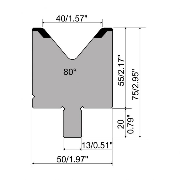 Die R2 type with Working height=55mm, α=80°, Radius=4mm, Material=42Cr, Max. load=1200kN/m.