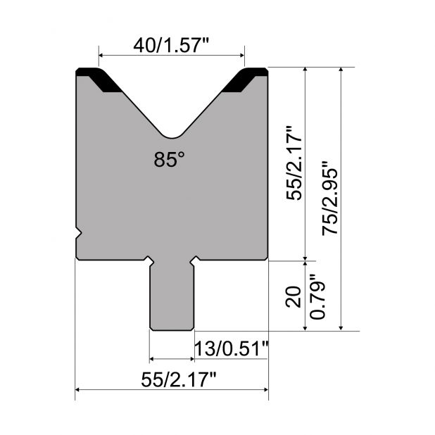 Die R2 type with Working height=55mm, α=85°, Radius=4mm, Material=42Cr, Max. load=1200kN/m.