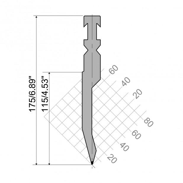 Punch R3 RFA type with Working height=115mm, α=30°, Radius=1mm, Material=42cr, Max. load=900kN/m.