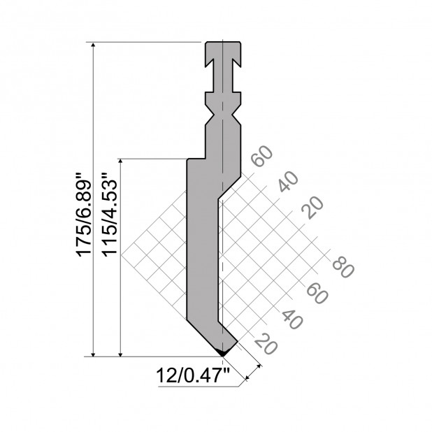 Punch R3 RFA type with Working height=115mm, α=88°, Radius=1mm, Material=42cr, Max. load=1000kN/m.