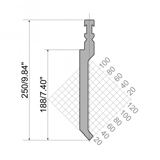 Punzón tipo R3 RFA con altura de trabajo=188mm, α=85°, Radio=1mm, Material=42cr, Máx capacidad=1400kN/m.