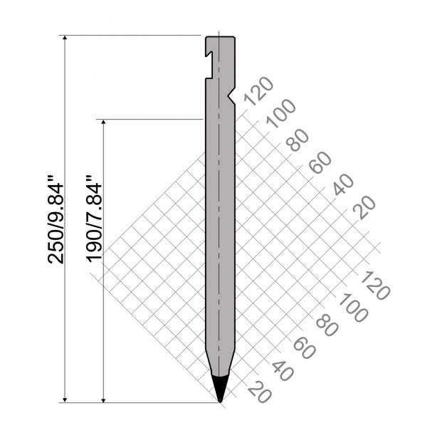 Punch R3 RFA type with Working height=190mm, α=30°, Radius=1mm, Material=42cr, Max. load=1400kN/m.