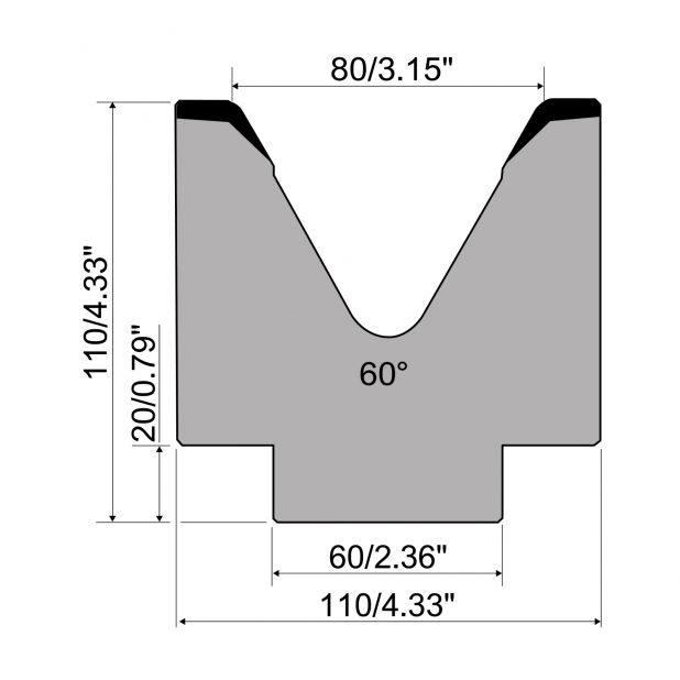 1-V die R1 European type with height=110mm, α=60°, Radius=6mm, Material=C45, Max. load=1000kN/m.