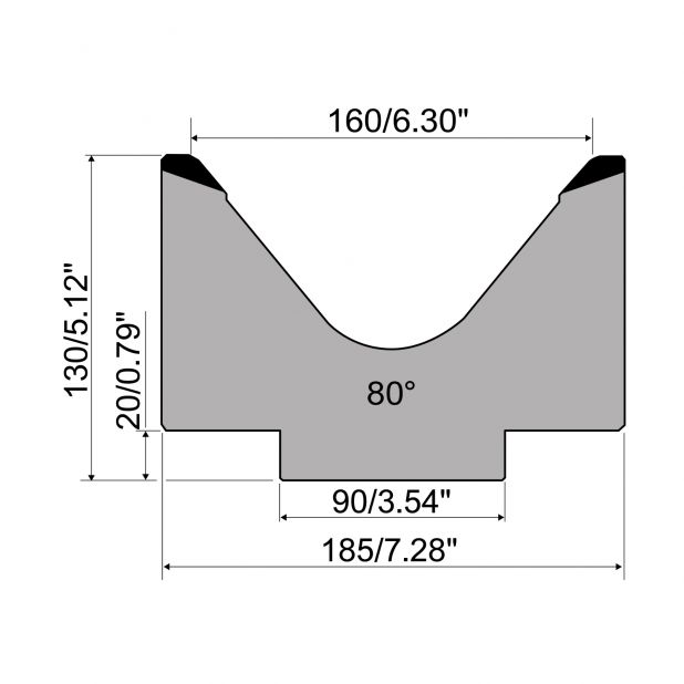 1-V die R1 European type with height=130mm, α=80°, Radius=10mm, Material=C45, Max. load=1000kN/m.