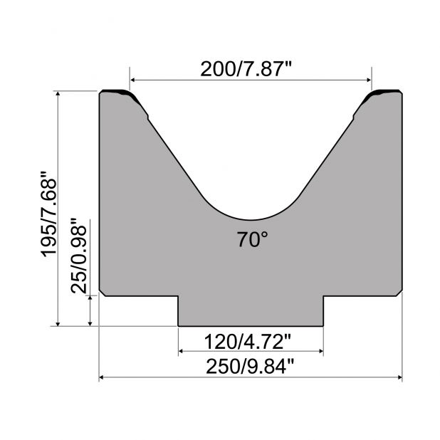 1-V die R1 European type with height=195mm, α=70°, Radius=15mm, Material=C45, Max. load=1800kN/m.