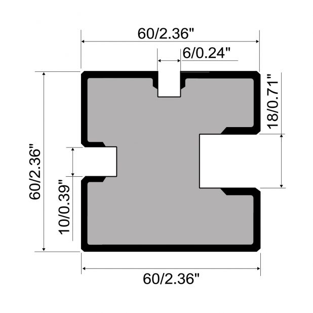 Multi-V die R1 European type with height=60mm, α=0°, Material=C45, Max. load=1000kN/m.