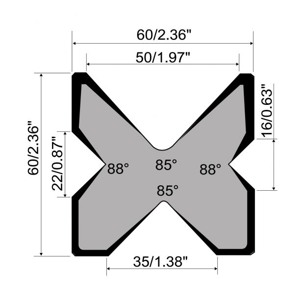 Multi-V die R1 European type with height=60mm, α=88/85°, Material=C45, Max. load=800kN/m.