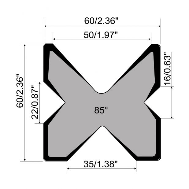 Multi-V die R1 European type with height=60mm, α=85°, Material=C45, Max. load=800kN/m.