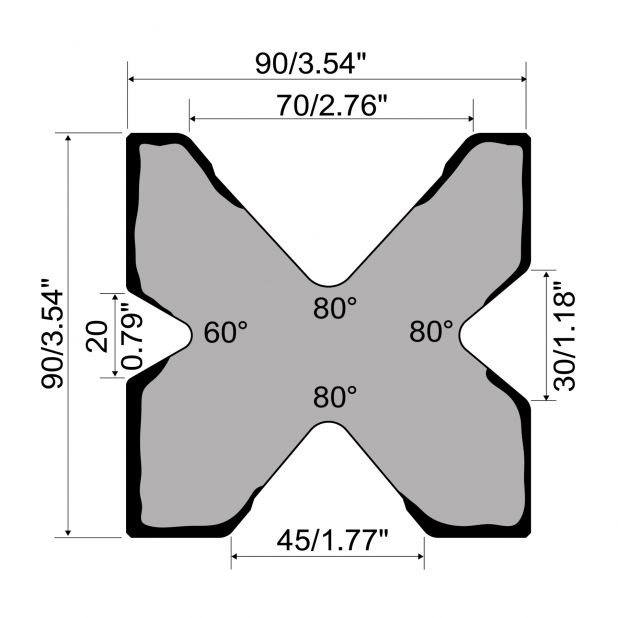 Multi-V die R1 European type with height=90mm, α=80/60°, Material=C45, Max. load=600kN/m.