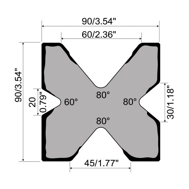 Multi-V die R1 European type with height=90mm, α=80/60°, Material=C45, Max. load=1000kN/m.