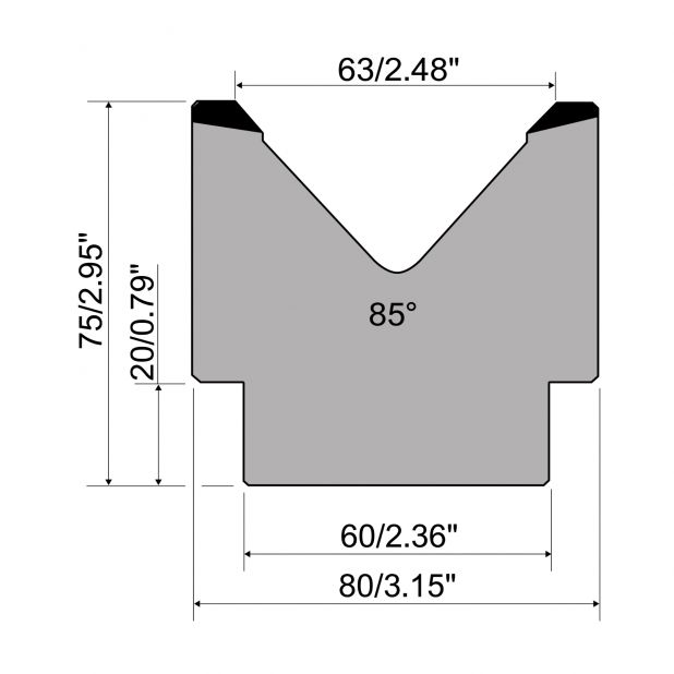 1-V die R1 European type with height=75mm, α=85°, Radius=5mm, Material=C45, Max. load=1000kN/m.