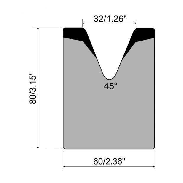 1-V die R1 European type with height=80mm, α=45°, Radius=4mm, Material=C45, Max. load=1000kN/m.