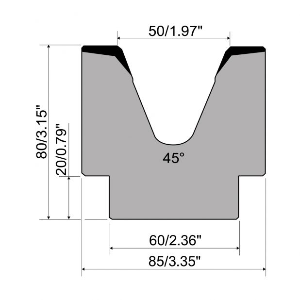 1-V die R1 European type with height=80mm, α=45°, Radius=4mm, Material=C45, Max. load=950kN/m.