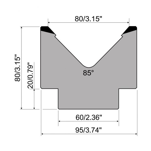 1-V die R1 European type with height=80mm, α=85°, Radius=6mm, Material=C45, Max. load=1000kN/m.