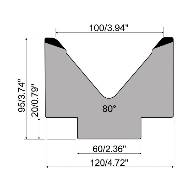 1-V die R1 European type with height=95mm, α=80°, Radius=8mm, Material=C45, Max. load=1000kN/m.