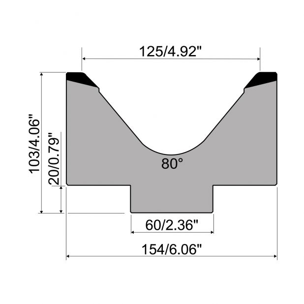 1-V die R1 European type with height=103mm, α=80°, Radius=15mm, Material=C45, Max. load=1000kN/m.