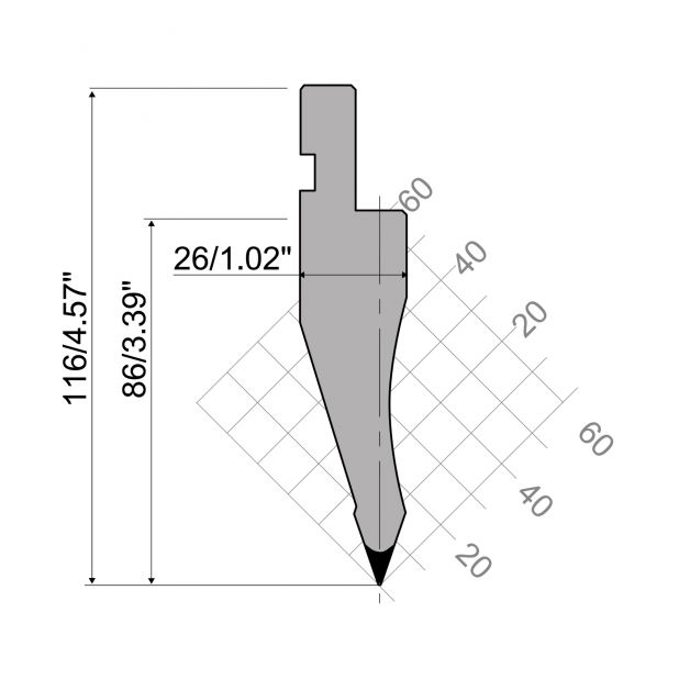 Punch R1 European type with Working height=86mm, α=35°, Radius=0,8mm, Material=C45, Max. load=700kN/m.