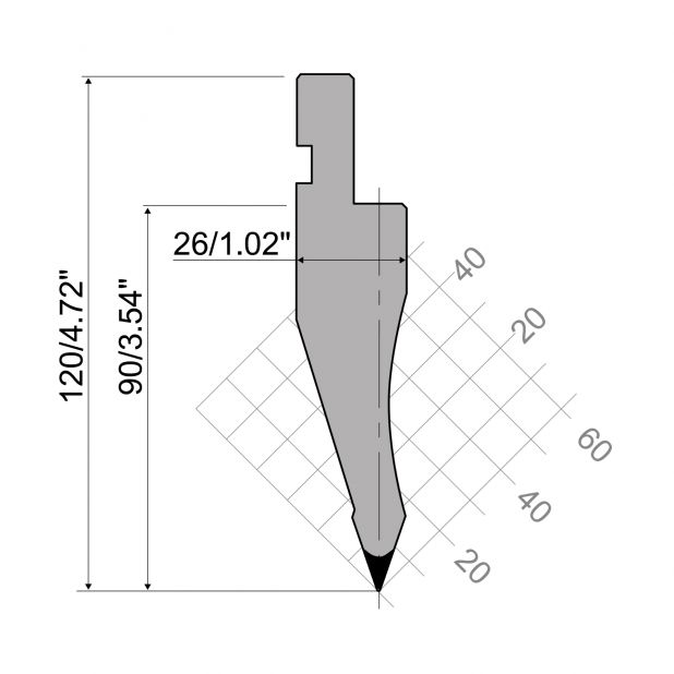 Punch R1 European type with Working height=90mm, α=35°, Radius=3mm, Material=C45, Max. load=700kN/m.