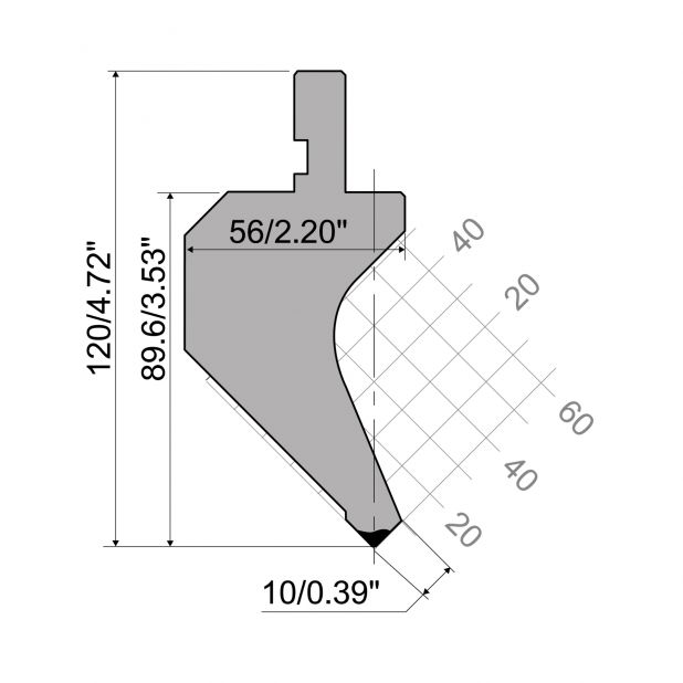 Punch R1 European type with Working height=89,6mm, α=88°, Radius=0,25mm, Material=C45, Max. load=600kN/m.