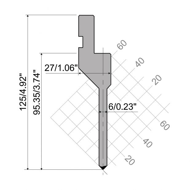 Punch R1 European type with Working height=95mm, α=88°, Radius=0,25mm, Material=42Cr, Max. load=500kN/m.