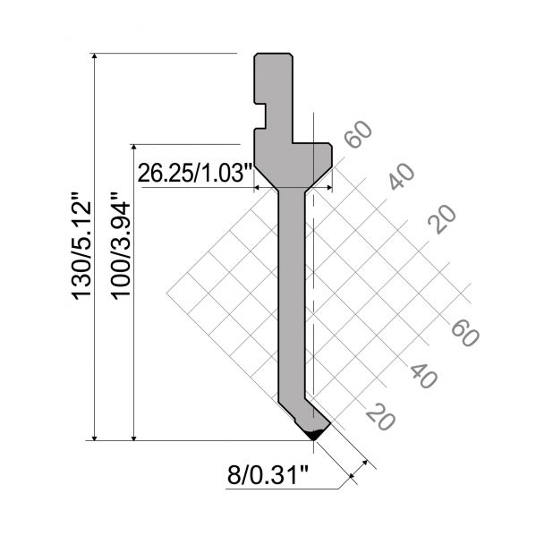 Punch R1 European type with Working height=100mm, α=88°, Radius=0,6mm, Material=42Cr, Max. load=350kN/m.