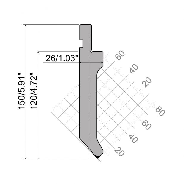 Punch R1 European type with Working height=120mm, α=85°, Radius=1mm, Material=C45, Max. load=700kN/m.