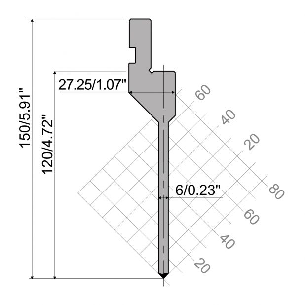 Punch R1 European type with Working height=120mm, α=88°, Radius=0,25mm, Material=42Cr, Max. load=500kN/m.