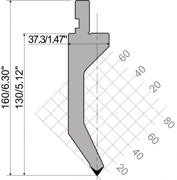 Punch R1 European type with Working height=130mm, α=70°, Radius=0,8mm, Material=42Cr, Max. load=450kN/m.