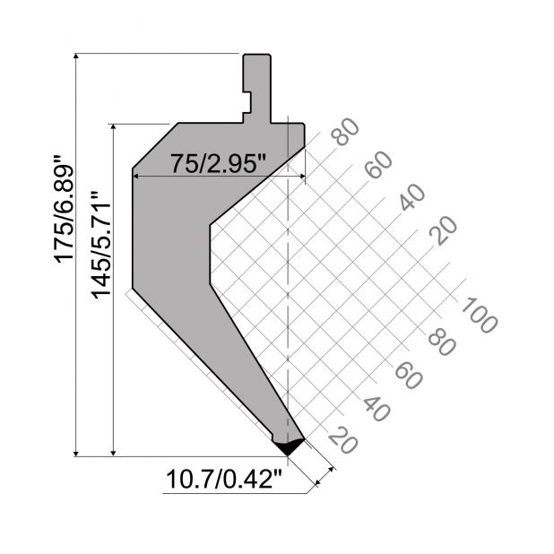 Punch R1 European type with Working height=145mm, α=88°, Radius=0,8mm, Material=C45, Max. load=500kN/m.