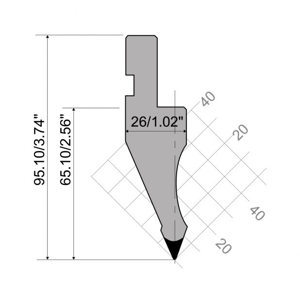 Punch R1 European type with Working height=65,1mm, α=45°, Radius=0,8mm, Material=C45, Max. load=800kN/m.