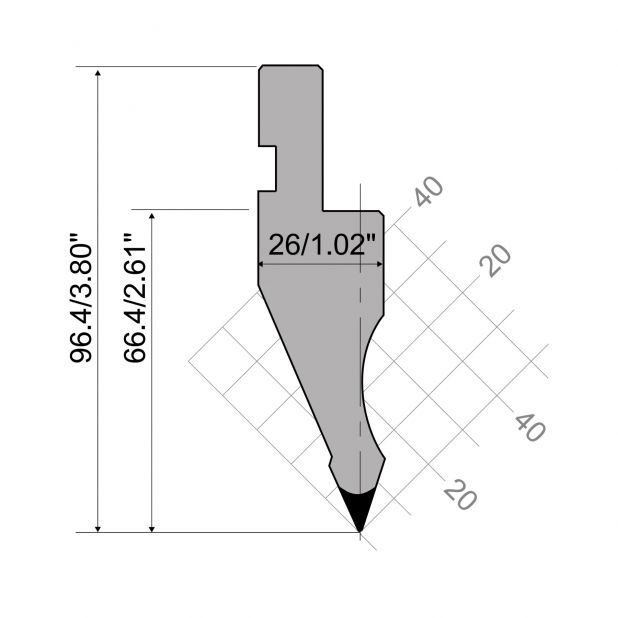 Punch R1 European type with Working height=66,4mm, α=45°, Radius=0,5mm, Material=C45, Max. load=800kN/m.