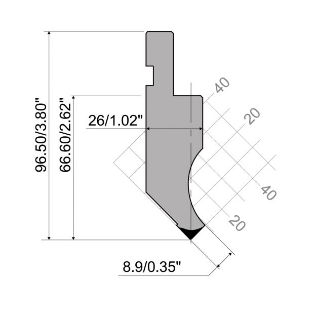 Punch R1 European type with Working height=65,45mm, α=85°, Radius=3mm, Material=C45, Max. load=1000kN/m.