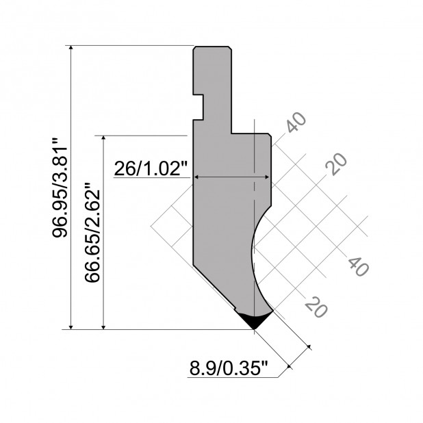 Punch R1 European type with Working height=66,65mm, α=88°, Radius=0,8mm, Material=C45, Max. load=1000kN/m.