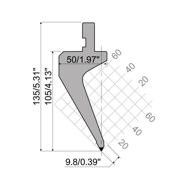 Punch R1 European type with Working height=105mm, α=60°, Radius=0,8mm, Material=42Cr, Max. load=700kN/m.