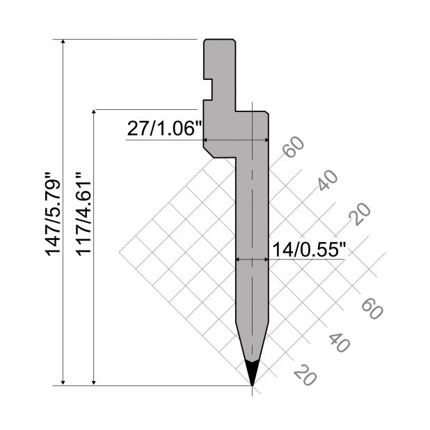 Punch R1 European type with Working height=117mm, α=26°, Radius=0,8mm, Material=C45, Max. load=1000kN/m.