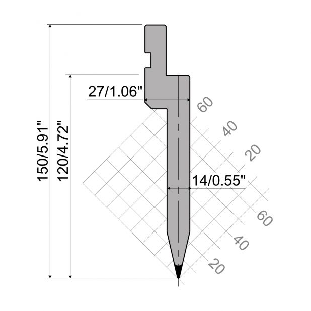 Punch R1 European type with Working height=120mm, α=26°, Radius=0,8mm, Material=C45, Max. load=1000kN/m.