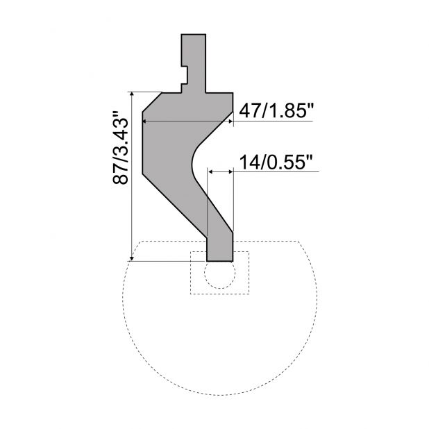 "Radius and Hemming punch R1 European type with Working height=87mm, Material=C45, Max. load=500kN/m. To use w