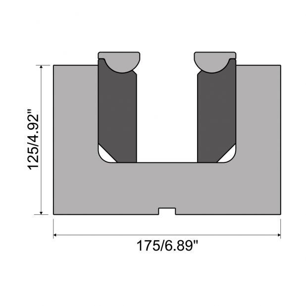 Adjustable "v" Rolla-v die in 42 Cr. max.load 2500 kN/m. min "V" 28 mm. Max "V" 69 mm.