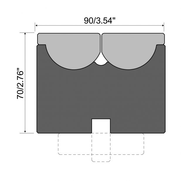 Rolla-V die with 90 mm base. RVM series in 42 Cr. max.load 2500 kN/m. min. angle 47°