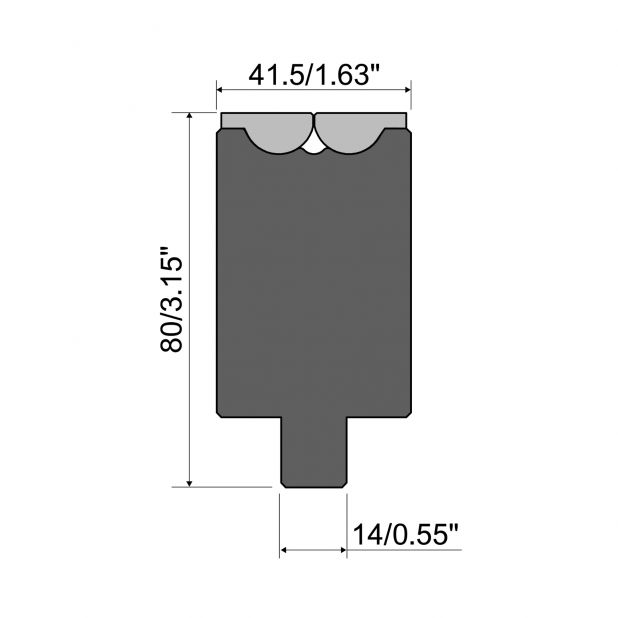 Rolla-V die RVS series in 42 Cr. max.load 1500 kN/m. min. angle 47°.