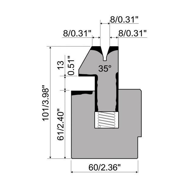 Sping-loaded Hemming die R1 European type with total height=101mm, α=35°, Radius=1mm, Material=C45, Max. loa