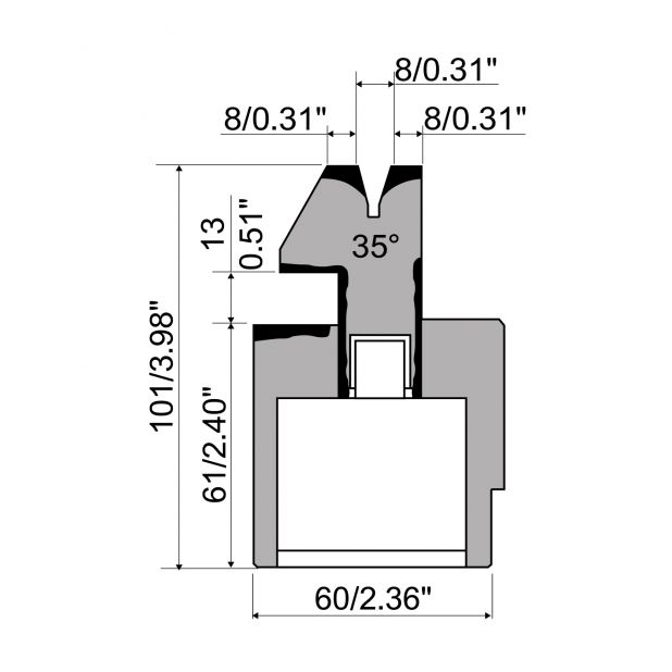 Pneumatic Hemming die R1 European type with total height=101mm, α=35°, Radius=1mm, Material=C45, Max. load=6