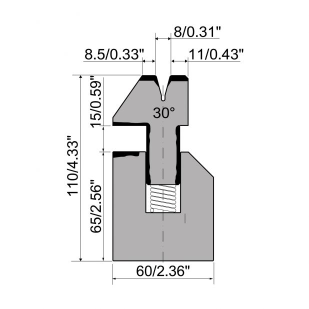 Sping-loaded Hemming die R1 European type with total height=110mm, α=30°, Radius=1,5mm, Material=C45, Max. l