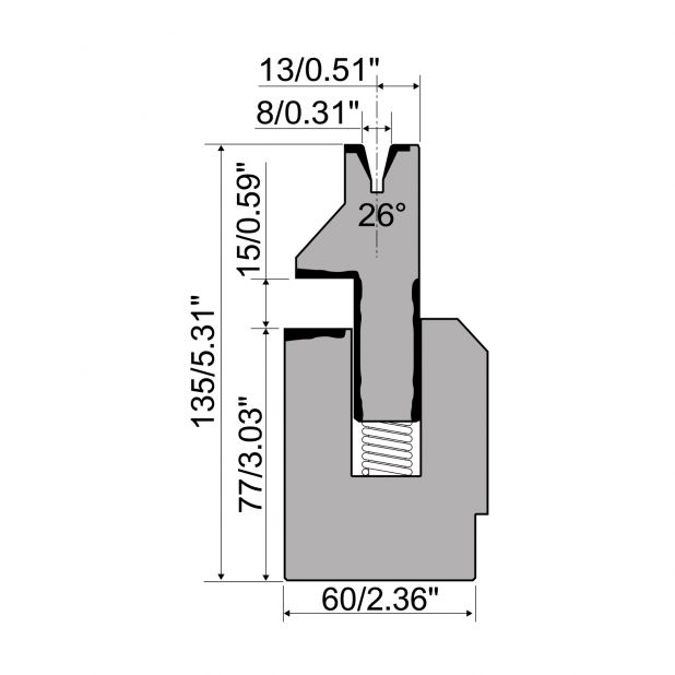 Sping-loaded Hemming die R1 European type with total height=135mm, α=26°, Radius=1,5mm, Material=42Cr, Max.