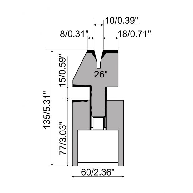 Pneumatic Hemming die R1 European type with total height=135mm, α=26°, Radius=1,5mm, Material=C45, Max. load