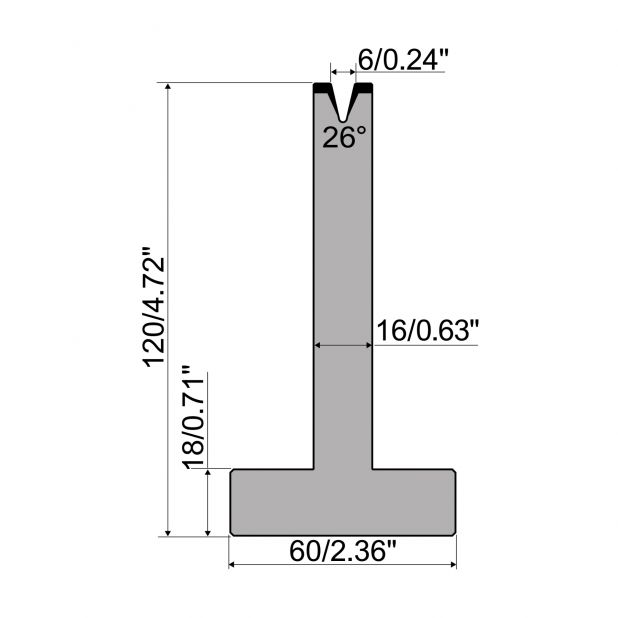 T die R1 European type with height=120mm, α=26°, Radius=0,8mm, Material=C45, Max. load=200kN/m.