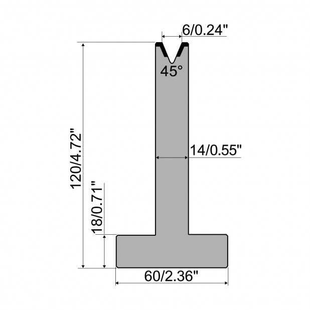 T die R1 European type with height=120mm, α=45°, Radius=0,8mm, Material=C45, Max. load=500kN/m.