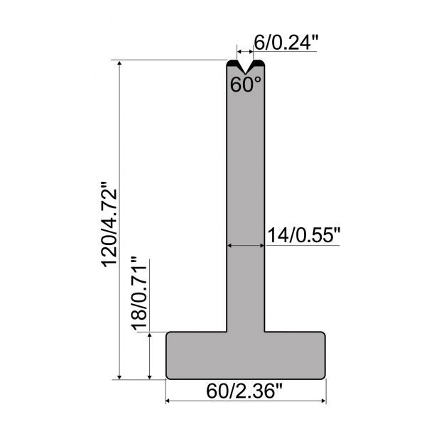 T die R1 European type with height=120mm, α=60°, Radius=0,5mm, Material=C45, Max. load=600kN/m.