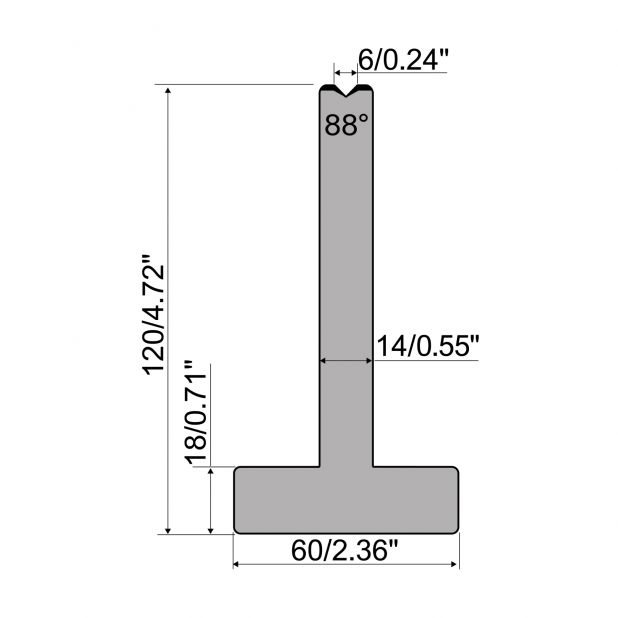 T die R1 European type with height=120mm, α=88°, Radius=0,4mm, Material=C45, Max. load=1000kN/m.