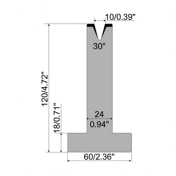 T die R1 European type with height=120mm, α=30°, Radius=1mm, Material=C45, Max. load=500kN/m.